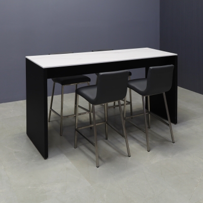 Ashville Engineered Stone Bar Table in solenne marble top and black traceless laminate base shown here.