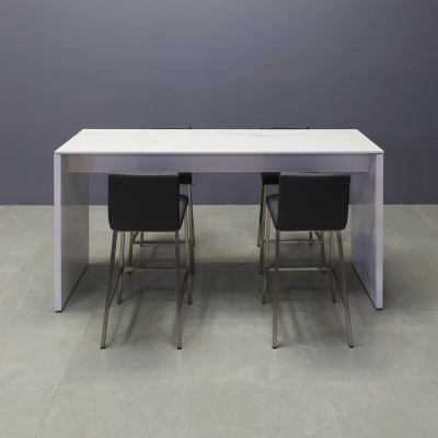 Ashville Engineered Stone Bar Table in solenne marble top and white gloss laminate base shown here.