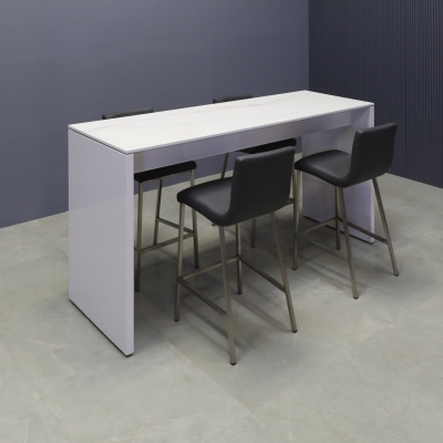 Ashville Engineered Stone Bar Table in solenne marble top and white gloss laminate base shown here.