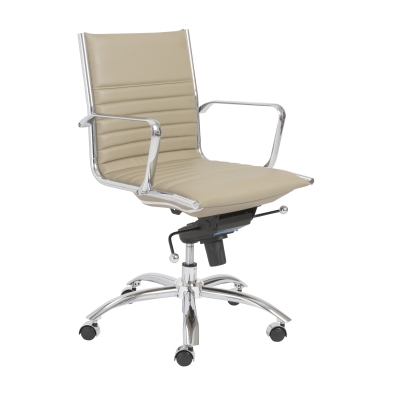 Dirk Low Back Office Chair in taupe soft leatherette and chromed aluminum armrests shown here.