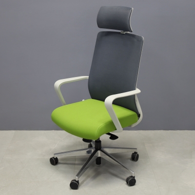Terra Office Chair with Fixed Arms in light gray mesh back and lime green fabric seat cushion, shown here.