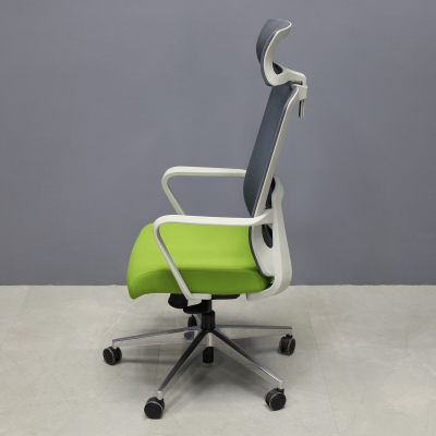 Terra Office Chair with Fixed Arms in light gray mesh back and lime green fabric seat cushion, shown here.