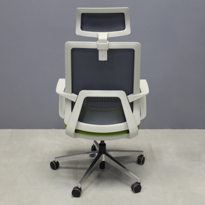 Terra Office Chair with Fixed Arms in light gray mesh back and lime green fabric seat cushion, shown here.