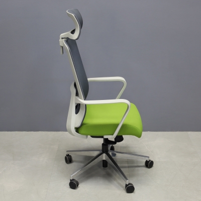 Terra Office Chair with Fixed Arms in light gray mesh back and lime green fabric seat cushion, shown here.