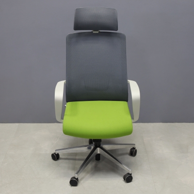 Terra Office Chair with Fixed Arms in light gray mesh back and lime green fabric seat cushion, shown here.
