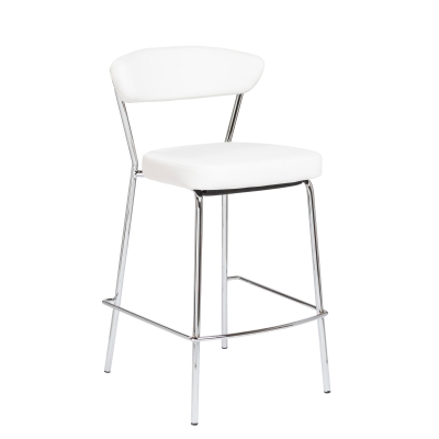 Draco Cunter Stool in white soft leatherette over foam seat and back, and chromed steel frame and base shown here.