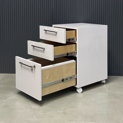 Naples Mobile Storage in White Gloss Laminate with lock in third drawer, shown here.