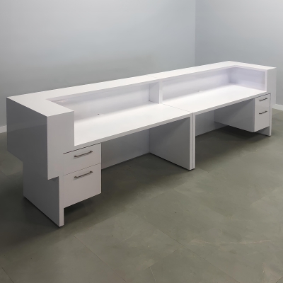 144-inch San Francisco Large U-Shape Custom Reception Desk in white gloss laminate counter & desk, and color changing LED.