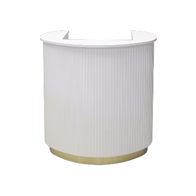 42-inch The Pill Podium & Host Custom Desk in white matte laminate top counter & workspace, white matte tambour main desk, and gold aluminum toe-kick.