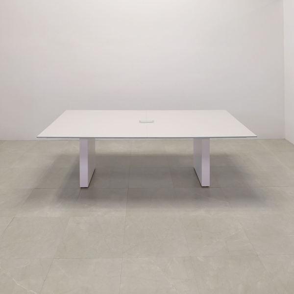 102-inch Aurora Rectangular Conference Table in 1/2-inch gray engineered surface top, white matte laminate standard base, and silver MX3 power box.