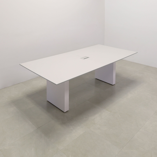 102-inch Aurora Rectangular Conference Table in 1/2-inch gray engineered surface top, white matte laminate standard base, and silver MX3 power box.