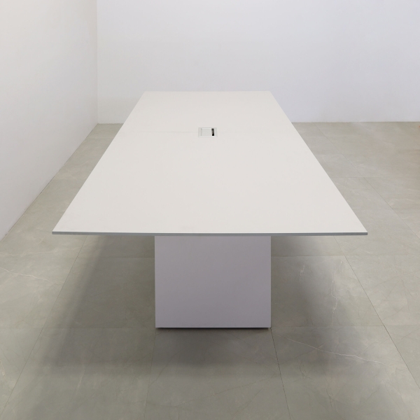 102-inch Aurora Rectangular Conference Table in 1/2-inch gray engineered surface top, white matte laminate standard base, and silver MX3 power box.
