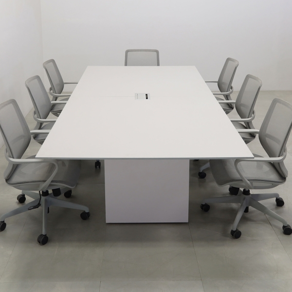 102-inch Aurora Rectangular Conference Table in 1/2-inch gray engineered surface top, white matte laminate standard base, and silver MX3 power box.