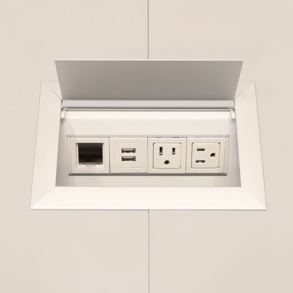 102-inch Aurora Rectangular Conference Table in 1/2-inch gray engineered surface top, white matte laminate standard base, and silver MX3 power box.