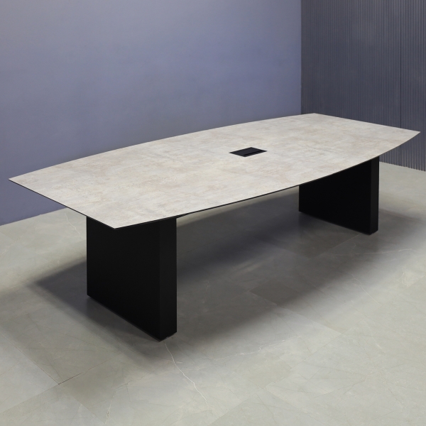 106-inch Aurora Boat Conference Table in 1/2-inch industrial concrete engineered surface top, black matte laminate standard base, and black MX3 power box.