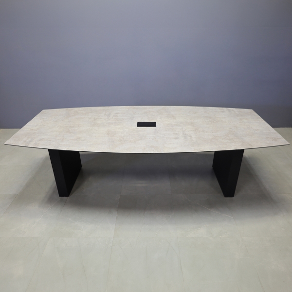 106-inch Aurora Boat Conference Table in 1/2-inch industrial concrete engineered surface top, black matte laminate standard base, and black MX3 power box.