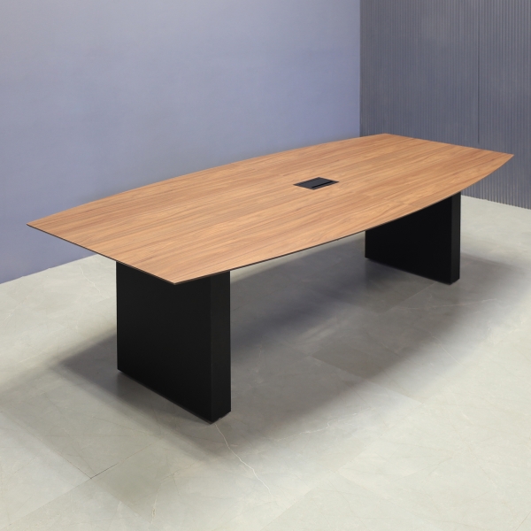 108-inch Aurora Boat Conference Table in 1/2-inch Italian walnut engineered surface top, black matte laminate standard base, and black MX2 power box.