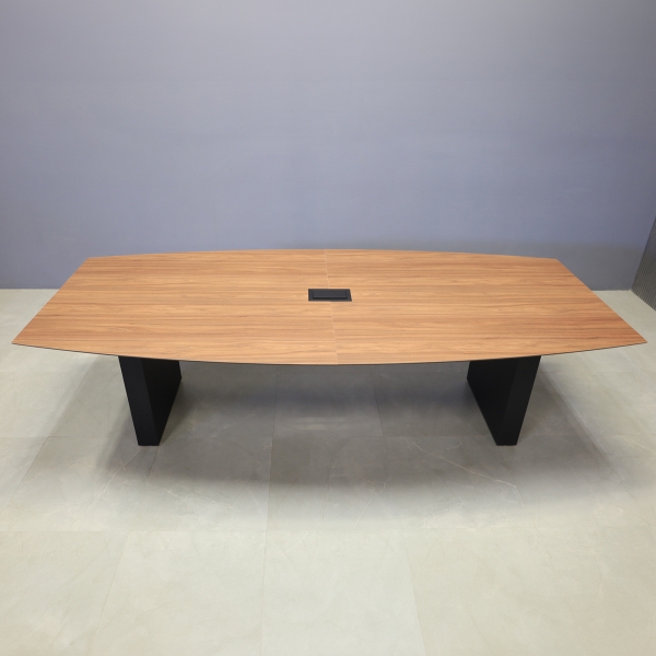 106-inch Aurora Boat Conference Table in 1/2-inch italian walnut engineered surface top, black matte laminate base, and black MX3 power box.