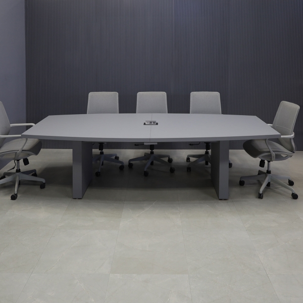 108-inch Newton Boat Conference Table in gray traceless laminate on top & standard base, and black MX2 power box.