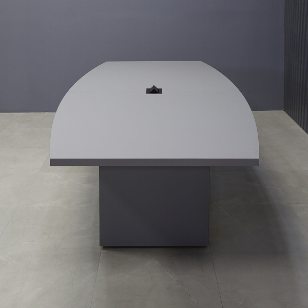 108-inch Newton Boat Conference Table in gray traceless laminate on top & standard base, and black MX2 power box.
