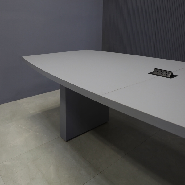 108-inch Newton Boat Conference Table in gray traceless laminate on top & standard base, and black MX2 power box.