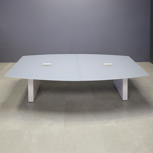 108-inch Omaha Boat Conference Table in 1/2-inch medium gray tempered glass top, white gloss laminate standard base, and two silver MX3 power boxes.