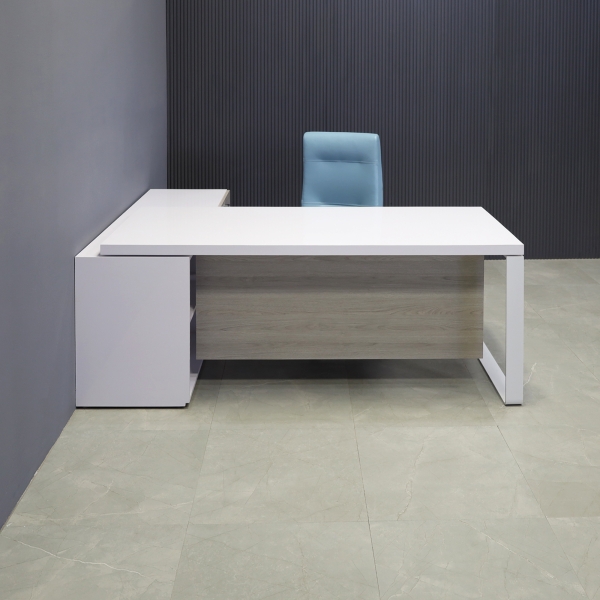 Aspen Executive Desk With Credenza in white gloss laminate top & credenza, greywood matte laminate privacy panel & front drawers, and white metal leg shown here.
