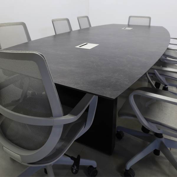 120-inch Aurora Boat Conference Table in 1/2-inch Black amani engineered surface top, black traceless laminate standard base, and 2 silver MX3 power boxes.