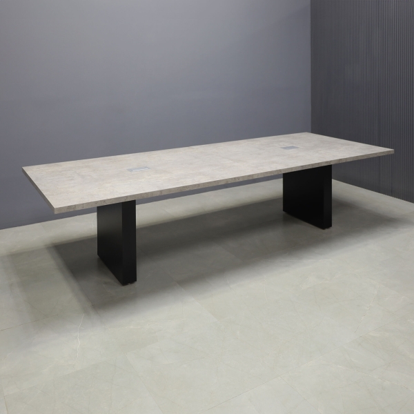 120-inch Newton Rectangular Conference Table in industrial concrete PVC top and black traceless laminate standard base, with two silver MX2 power boxes, shown here.