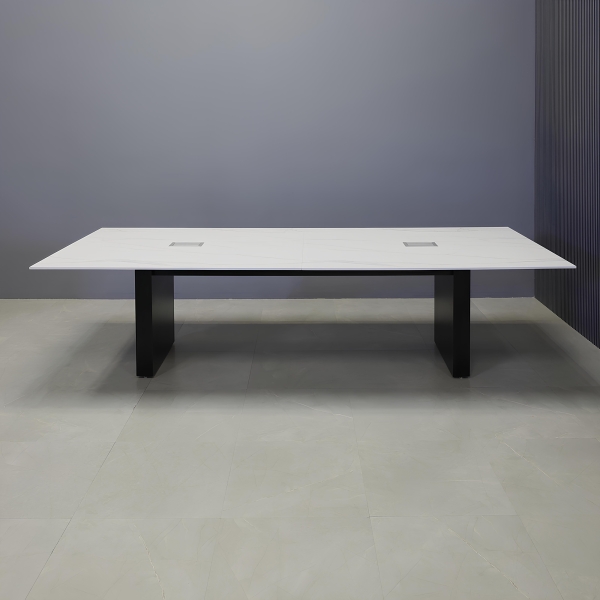 120-inch Aurora Rectangular Conference Table in 1/2-inch solenne marble engineered surface top, black matte laminate standard base, and two silver MX3 power boxes.