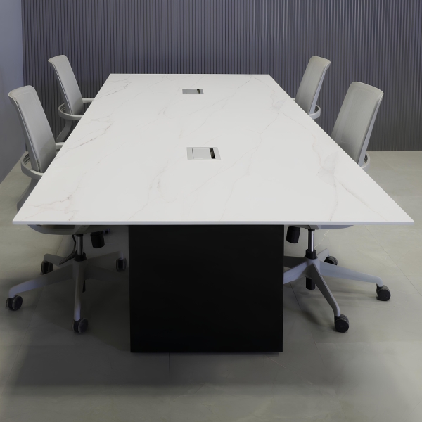 120-inch Aurora Rectangular Conference Table in 1/2-inch solenne marble engineered surface top, black matte laminate standard base, and two silver MX3 power boxes.