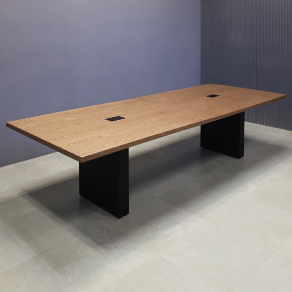 120-inch Newton Rectangular Conference Table in walnut veneer top, black matte laminate base, and 2 black MX2 power boxes.