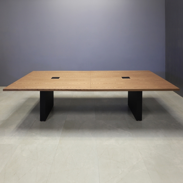 120-inch Newton Rectangular Conference Table in walnut veneer top, black matte laminate base, and 2 black MX2 power boxes.