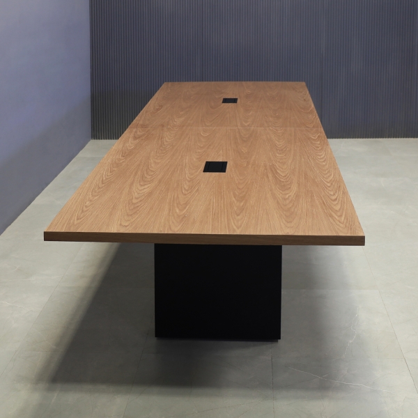 120-inch Newton Rectangular Conference Table in walnut veneer top, black matte laminate base, and 2 black MX2 power boxes.