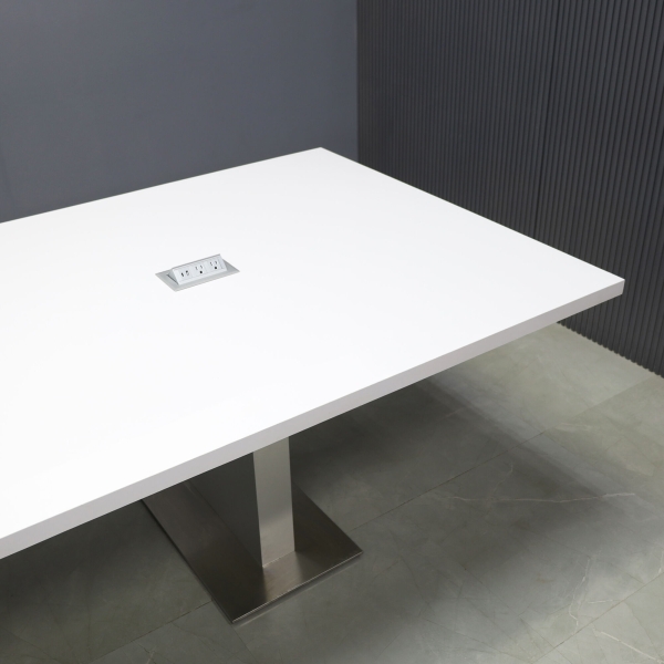 120-inch Newton Rectangular Conference Table in white gloss laminate top and brushed aluminum laminate custom pedestal base, with two silver MX2 power boxes, shown here.