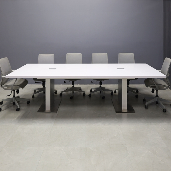 120-inch Newton Rectangular Conference Table in white gloss laminate top and brushed aluminum laminate custom pedestal base, with two silver MX2 power boxes, shown here.