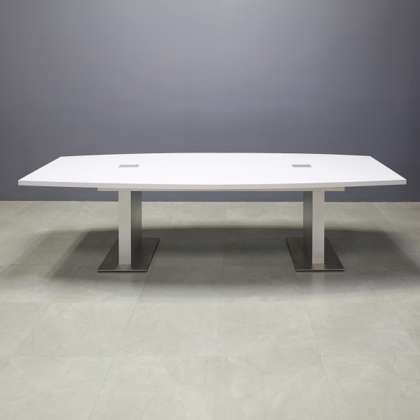 120-inch Newton Boat Shape Conference Table in white gloss laminate top, brushed aluminum laminate custom pedestal base, and two silver MX2 power boxes.