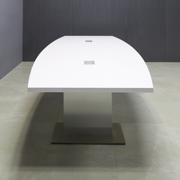 120-inch Newton Boat Shape Conference Table in white gloss laminate top, brushed aluminum laminate custom pedestal base, and two silver MX2 power boxes.