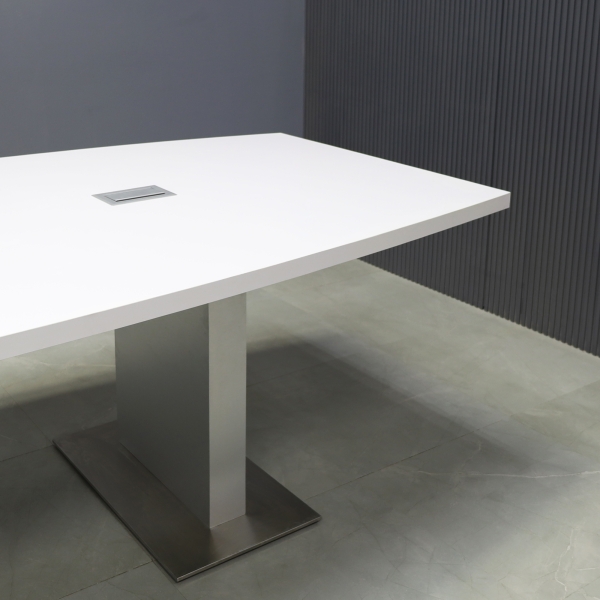 120-inch Newton Boat Shape Conference Table in white gloss laminate top, brushed aluminum laminate custom pedestal base, and two silver MX2 power boxes.