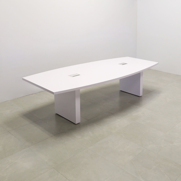 120-inch Newton Boat Shape Conference Table in white gloss laminate top & standard base, and two silver MX3 power boxes.