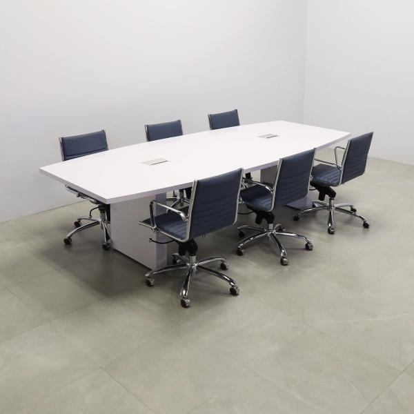 120-inch Newton Boat Shape Conference Table in white gloss laminate top & standard base, and two silver MX3 power boxes.