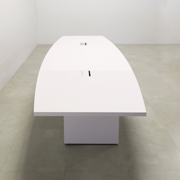 120-inch Newton Boat Shape Conference Table in white gloss laminate top & standard base, and two silver MX3 power boxes.