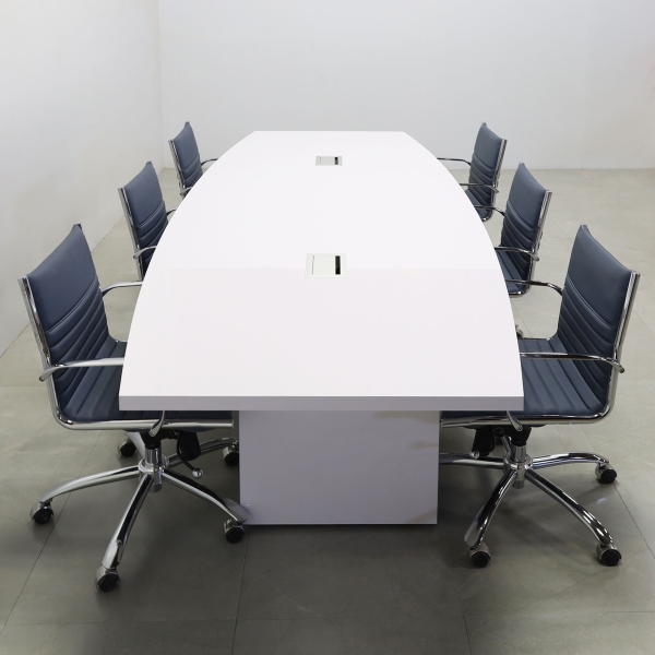 120-inch Newton Boat Shape Conference Table in white gloss laminate top & standard base, and two silver MX3 power boxes.