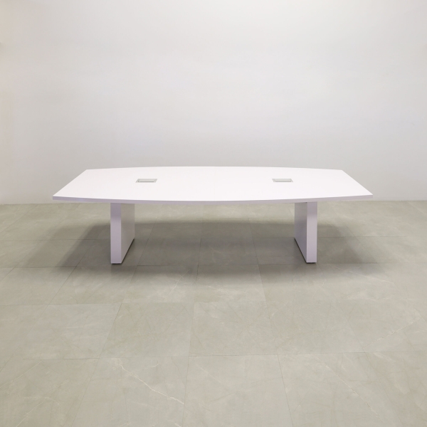 120-inch Newton Boat Shape Conference Table in white gloss laminate top & standard base, and two silver MX3 power boxes.