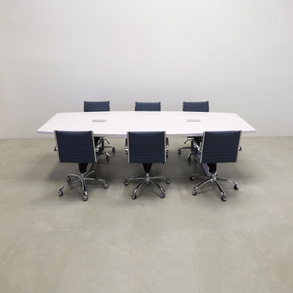 120-inch Newton Boat Shape Conference Table in white gloss laminate top & standard base, and two silver MX3 power boxes.