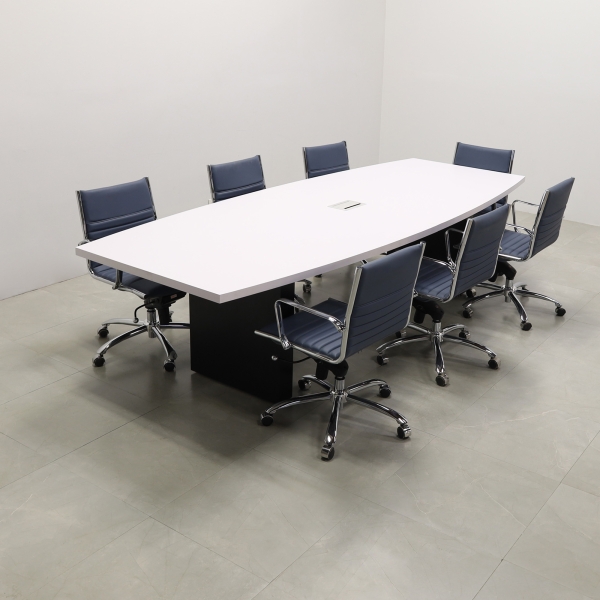 120-inch Newton Boar Shaped Conference Table in white matte laminate top, standard black matte laminate, and silver MX3 power box.