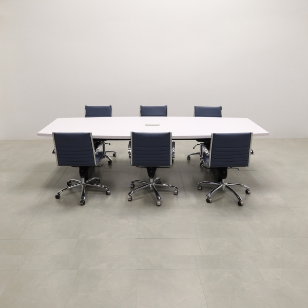 120-inch Newton Boar Shaped Conference Table in white matte laminate top, standard black matte laminate, and silver MX3 power box.
