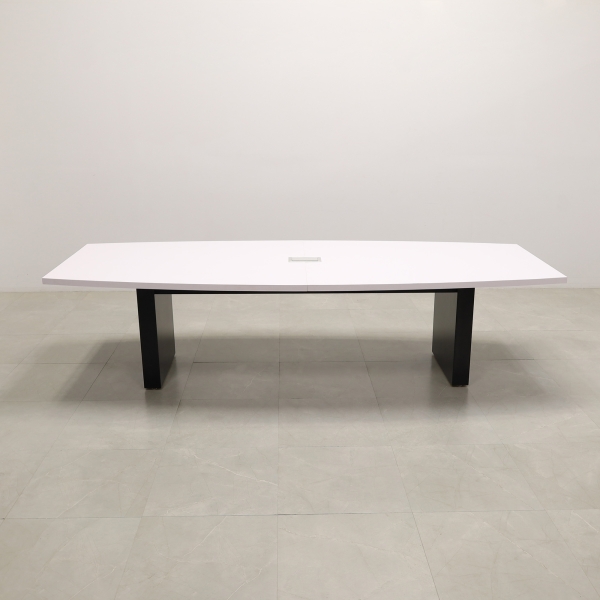 120-inch Newton Boar Shaped Conference Table in white matte laminate top, standard black matte laminate, and silver MX3 power box.