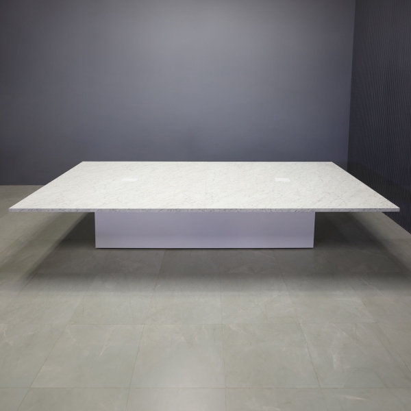 144-inch Newton Rectangular Conference Table in carrara laminate top, with two white MX2 power boxes, and white matte laminate column base.