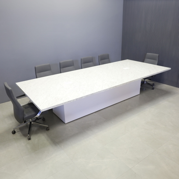 144-inch Newton Rectangular Conference Table in carrara laminate top, with two white MX2 power boxes, and white matte laminate column base.